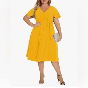 Elegant Yellow Wrap Illusion Dress 2XL